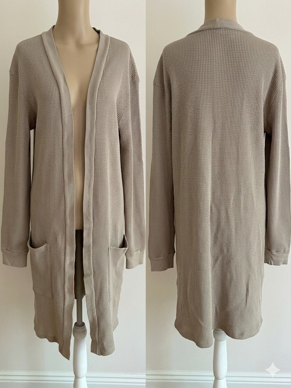 Groceries Apparel Organic Waffle Knit Long Cardigan Tan Minimalist Clean Girl